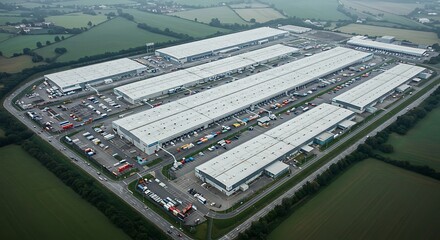 Aerial View of Distribution Center with Truck Parking and Green Fields