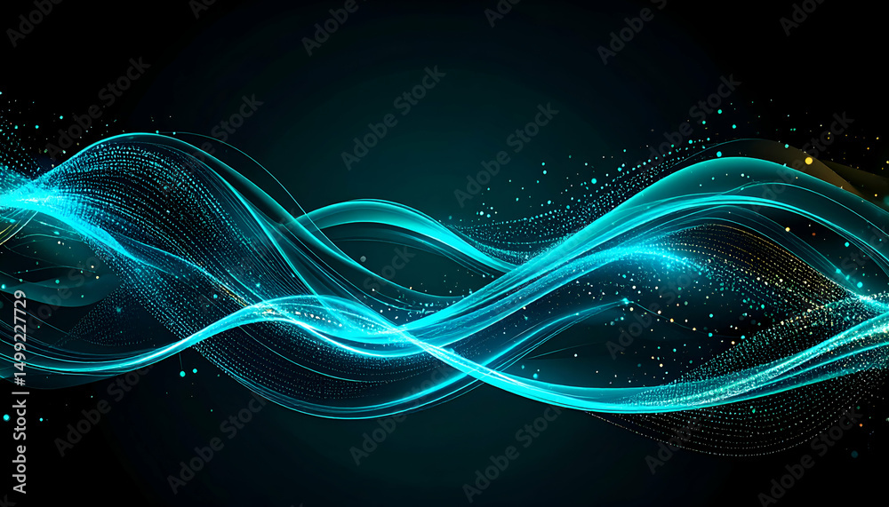 Poster abstract teal wave energy binary code particle flow, liquid vector transition