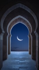 Fototapeta premium Crescent moon seen through traditional Islamic archway at twilight