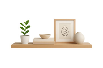 Wooden shelf displaying home decoration with transparent background