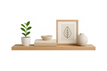 Wooden shelf displaying home decoration with transparent background