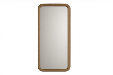 Modern rectangular mirror with rounded corners and wooden frame on transparent background