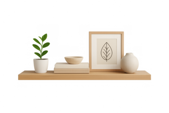 Wooden shelf displaying home decoration with transparent background