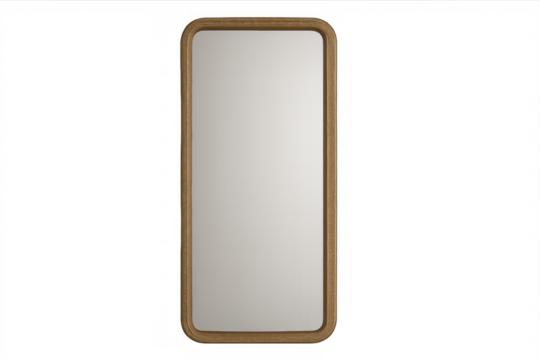 Modern rectangular mirror with rounded corners and wooden frame on transparent background