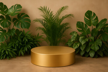 Obraz premium Golden Pedestal with Tropical Plants on Beige Background