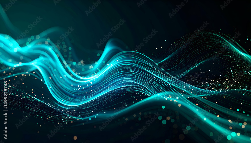 Fototapete Abstract Teal Data Stream Binary Code Particles Morphing in Liquid Vector Transitions