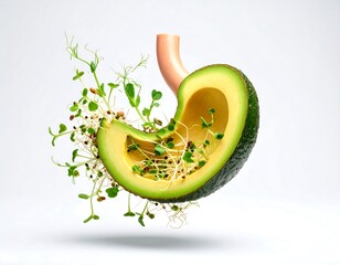 Avocado sliced to resemble stomach with greenery sprouting healthy eating concept on white backdrop