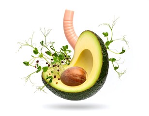 Cut avocado with sprouting microgreens and a digestive tract model on a white background. Representing healthy eating and digestion concept