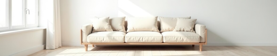 Bright Nordic interior, white walls, wooden floor, sofa mockup , nordic, image