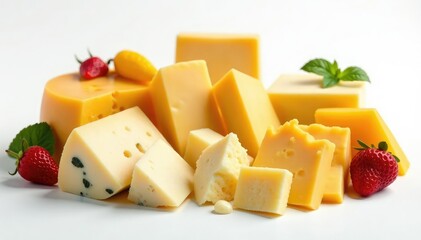 Elegant cheese assortment, various textures, pure white backdrop , plate, ingredients, variety