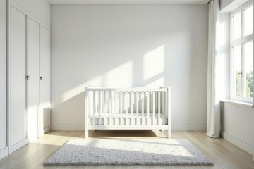 Bright white room, minimalist crib, plush rug, sweet, room, minimal