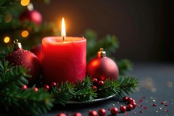 Burning red candle nestled in golden Christmas ornament, still life, home, present