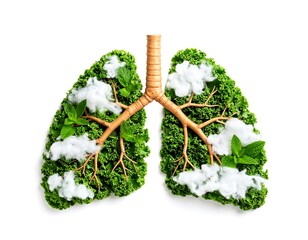 Creative representation of lungs formed with green leaves and cotton clouds on a white background symbolizing health and nature