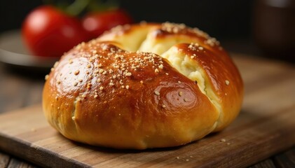 Golden-brown artisan bun, crusty exterior, soft interior, grain, wheat, rustic