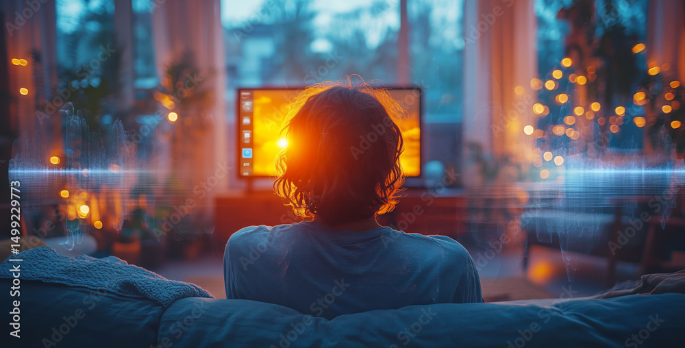 Poster individual sits comfortably on a couch, captivated by an illuminated screen showcasing vibrant graph