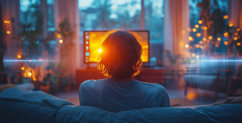 Individual sits comfortably on a couch, captivated by an illuminated screen showcasing vibrant graphics. The warm light casts a cozy ambiance, enhancing the relaxing evening atmosphere.