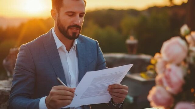 Businessman Reviewing Documents Outdoors at Sunset with Flowers in Background for Professional Context and Atmosphere