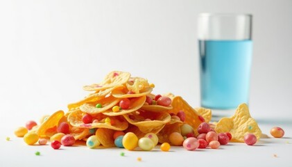Pile of colorful candy, chips, and soda on white , vibrant, treats