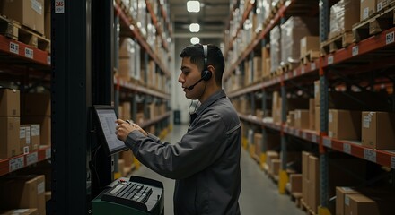 Worker Operating Touchscreen Computer in Warehouse with Shelves of Boxes