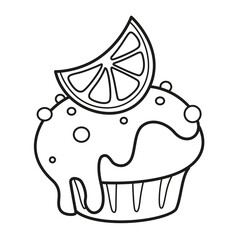 Cupcake with whipped cream garnished with a slice of candied lemon outlined for coloring page on a white background