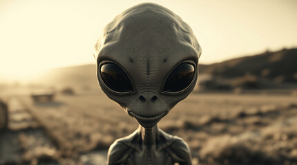 Fototapeta premium An alien with a UFO in a vintage-style black and white illustration.