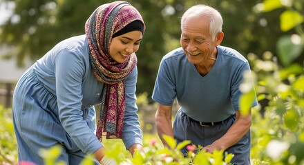 Two smiling individuals enjoying gardening together outdoors, cultivating plants and spending time in nature