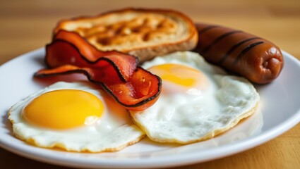 Delicious breakfast with eggs, bacon, sausage, and toast on white plate