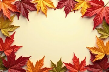 Fototapeta premium Ornate frame of autumn leaves, beige background, card, seasonal, template