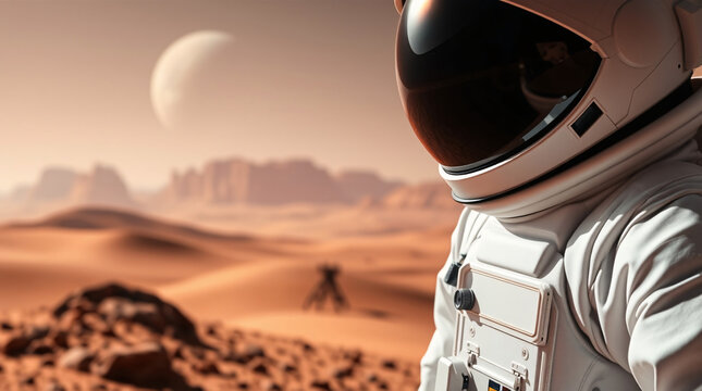 An astronaut exploring Mars with spacecraft in the background, vintage illustration style.