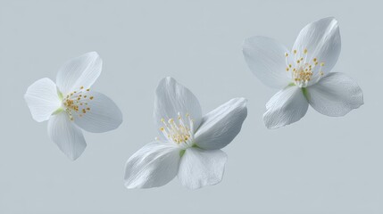 Obraz premium White jasmine flowers with delicate petals on a white background. Fresh spring time background, perfect for seasonal designs, tea packaging or garden-themed illustrations