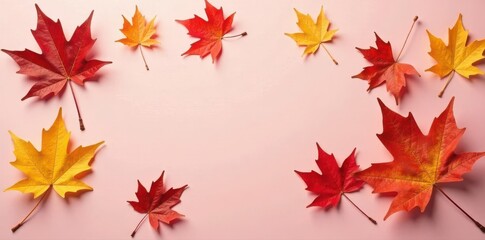 Fototapeta premium Rustic maple leaves artfully arranged against a delicate pink surface Thanksgiving aesthetic , october, stock photo, composition