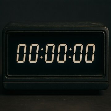 Vintage Digital Clock at 00:00:00 Display - Countdown Timer Concept, Time's Up, End of Time, Mortality and Finality Symbol on Black Background