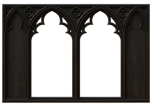 Gothic Dark Wood Frame with Pointed Arches on White Background