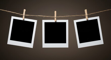 Three blank polaroid frames with black centers hanging from a string with clothespins