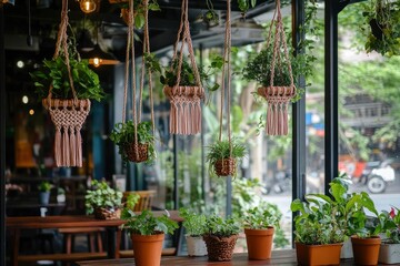 Hanging decor, macrame planter with live plants. Concept of decorating rooms with handmade products.