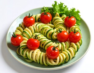 A vibrant culinary composition featuring spiralized zucchini tomato garnishes arranged on a green plate. The dish presents fresh ingredients with selective focus