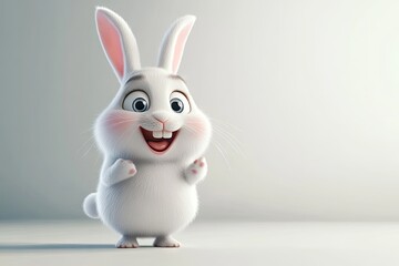 Obraz premium 3D rendered, cartoon white bunny. Smiling, playful pose