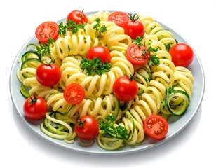 Plate of pasta with spiral zucchini red cherry tomatoes and green parsley on white background food photography