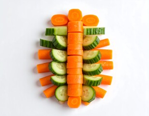 Overhead view of arranged sliced carrots and cucumbers on a white surface. Fresh vegetables composition showcasing orange and green hues