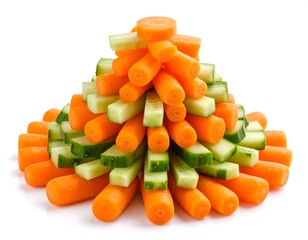 Stack of cut carrots and cucumbers arranged in a pyramid formation on a white background.  Vibrant orange and green vegetables composition