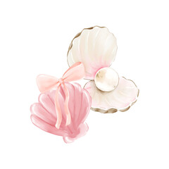 Delicate watercolor illustration of pink and white seashells with a pearl and bow. Isolated clipart for summer designs, invitations, coastal decor