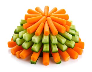 Vibrant orange carrot and green cucumber sticks arranged in a pyramid shape against a white background. A healthy snack concept