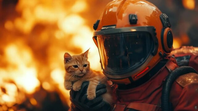 Futuristic robot saving a small kitten from a fire, symbolizing artificial intelligence in emergency rescue. Advanced robotics ensuring safety and protection in disaster scenarios