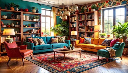 Sunlit living room with vibrant decor, hardwood floors, and two sofas featuring colorful throw pillows.  Bookshelves flank a patterned rug
