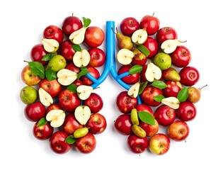 Artistic depiction of lungs crafted from fresh fruits apples pears and green leaves on a white background healthy eating concept