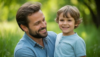 Obraz premium father and son walking together in nature on fathers day bonding moment concept of family parenting outdoor activity 