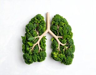 Green broccoli arranged in a lung shape with a central branch on a white background represents healthy respiratory system and fresh food. Flat lay view