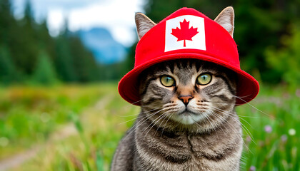 patriotic cat celebrating canada day with maple leaf flag  independence day concept