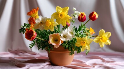 Colorful spring flower arrangement in terracotta pot on pink fabric background