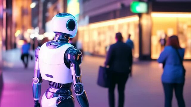 Humanoid robot exploring a futuristic neon lit city street at night